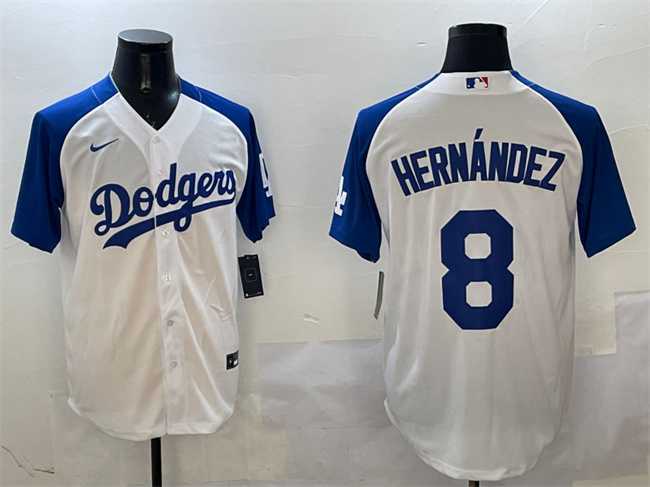 Mens Los Angeles Dodgers #8 Enrique Hernandez White Blue Cool Base Stitched Jersey